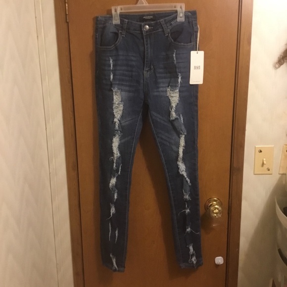 American Bazi Denim - American bazi Medium Wash Whisker Detail High Waist Destroyed Skinny Jeans 9